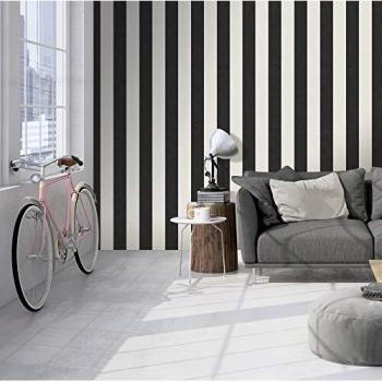 Papier peint A.S. Création Memory 3 à rayures en intissé, coloris Creme et Schwarz, taille 10,05 m x 0,53 m