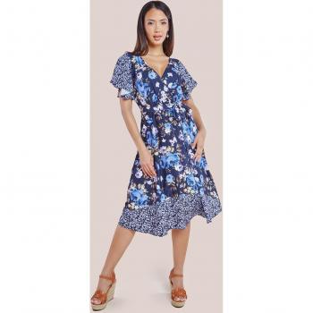 Goddiva Flutter Sleeve Printed Midi Dress - Navy Print