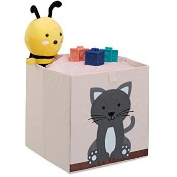 Panier de rangement enfant chat en tissu 33x33x33 cm beige/gris