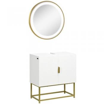 Conjunto de baño juego de mueble para debajo del lavabo con patas de acero y espejo de baño con luz interruptor táctil 60x30x65 cm Ø60x4 cm - Kleankin