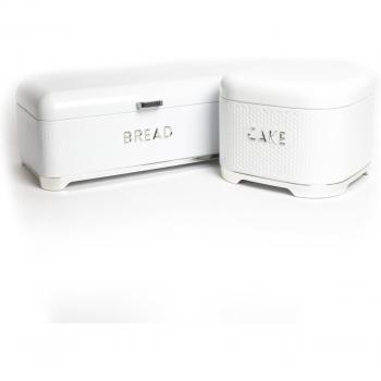 Lovello Iced Latte Kitchen Storage Set: 2-Piece, Gift-Tagged, w/ Textured Steel Cake Tin & Bread Bin (White)