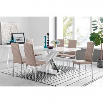 Atlanta Modern Rectangle Chrome Metal High Gloss White Dining Table and 6 Milan Chairs Set