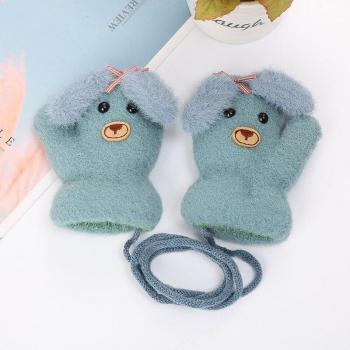 Baby Velvet Dog Cartoon Gloves with Hanging Neck – 0‑12M Warm Winter Mitts