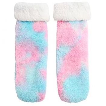 Fluffy Tie Dye Teddy Fleece Bed Socks with Non-Slip Sole