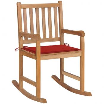 Fauteuil à bascule extérieur en bois de teck avec coussin rouge