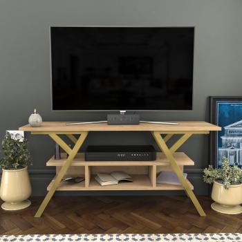 Minerva Decorative TV Unit TV Stand Storage with Open Shelves - Gold and Oak