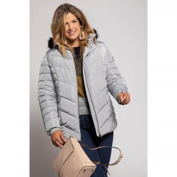 Plus Size Elegant Shimmer Quilted Jacket with Faux Fur Hood, Women's Grey, Size 28/30, Polyester