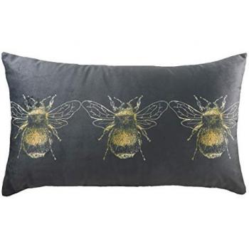 Gold Bee Velvet Boudoir Cushion - Grey / 30cm x 50cm