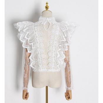 VGH Women's Hollow Out Lace Shirt with Ruffle Sleeves