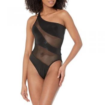 Norma Kamali Black Mesh One-Shoulder Swimsuit - Large