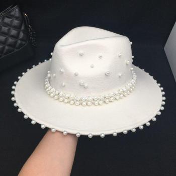 Autumn/Winter Women's White Wool Fedora with Pearls - Handmade