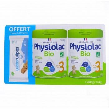 PHYSIOLAC BIO LAIT CROISSANCE 3ème âge Lotx2 800g + 1 paquet WATERWIPES Lingettes x60 Offert