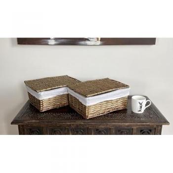 SET OF 2 Lidded Wicker Storage Basket With Lining Xmas Hamper Basket Grey