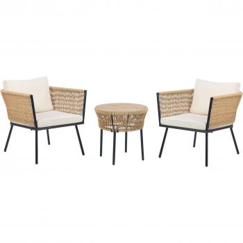 Beliani Outdoor Rattan Bistro Set 2-Seater with Detachable Pillows and Coffee Table Natural Off-White