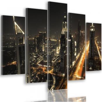 Dubai Skyline Canvas Print Collection - 5 Panels - 100x70 cm - Night View - Orange