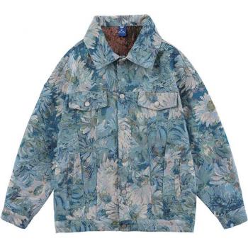 Retro Flower Print Denim Jacket for Men and Women, Hip Hop Streetwear, Washed Cotton, Punk Goth Jeans