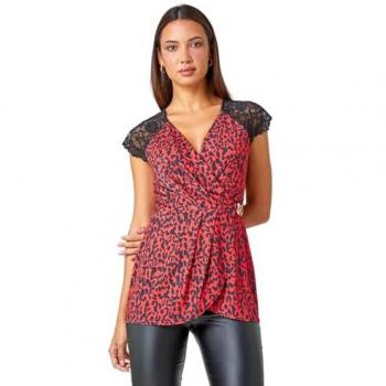 Animal Lace Trim Stretch V-Neck Wrap Top