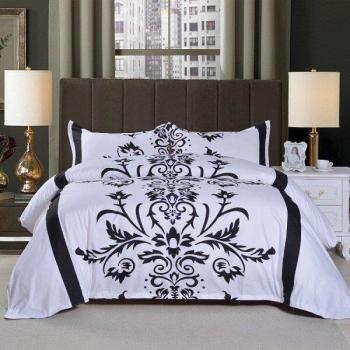 Floral Print Queen Duvet Cover Set - 3pcs White and Black Bedding