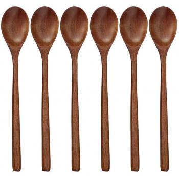 Lange Steel Houten Lepels, 6 Stuks