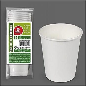 Vasos Biodegradables de Cartón Blanco 250 CC - Paquete de 15