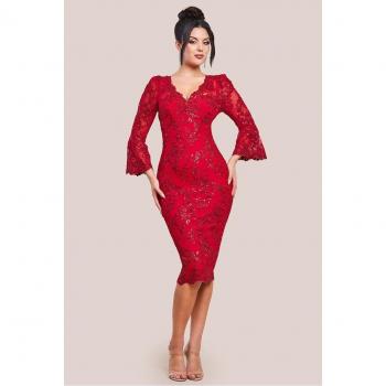 Goddiva Red Midi Dress with Sequin Scallop Lace