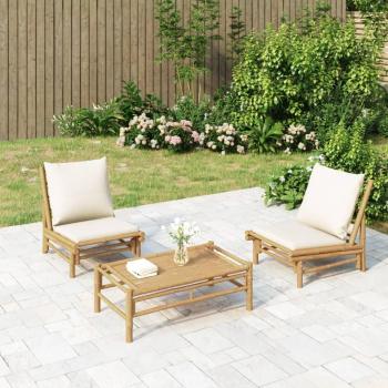 VidaXL 3 Piece Patio Lounge Set with Cream White Cushions Bamboo
