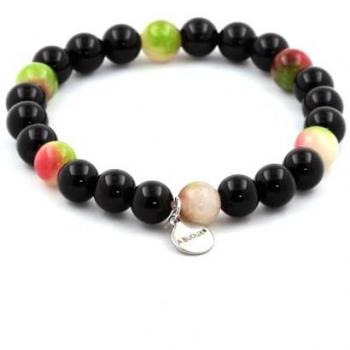 Bracciale di Perle Tourmaline Melone d’Acqua con Agata Nera 8mm – Fabbricato in Francia