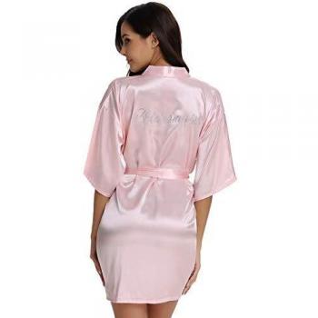 Robes de Chambre Soie Court Kimono Col V avec Ceinture, Rose For Bridesmaid (de Retour Dans les Strass), L