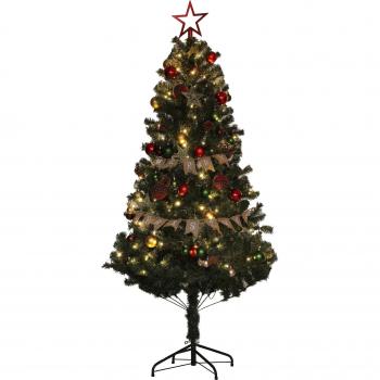 HOMCOM 6 Ft Christmas Tree Pre Lit with Flame-retardant Plastic, a 'Merry Christmas' Ribbon, a Top Star, Pine Cones, Decorative Balls