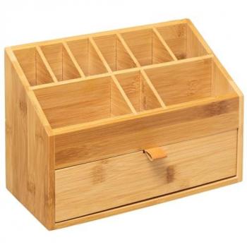 Organizador Compacto de Escritorio con Cajón de Bambú y Lengüeta de Piel Sintética
