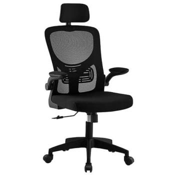 Silla de Escritorio Ajustable con Asiento Acolchado y Reposabrazos Plegables, Negra