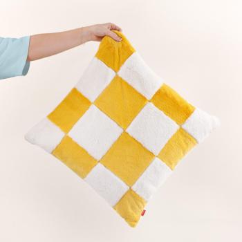 Heya Home Cozee Check Faux Fur Filled Cushion - Yellow - Size 50 Cm X 50 Cm