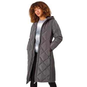 Women's Charcoal Longline Diamond Quilted Coat (Size 18)