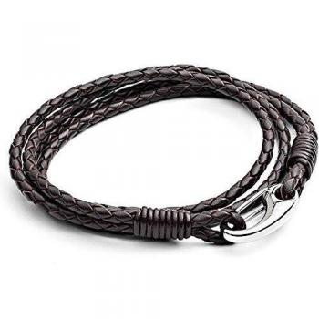 Brown Double-Wrap Leather Wristband for Men – 21 cm Stainless Steel Clasp