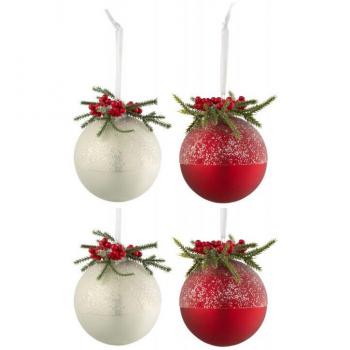 Boules de Noël Givrée J‑Line – Pack 4, Verre, Blanc et Rouge