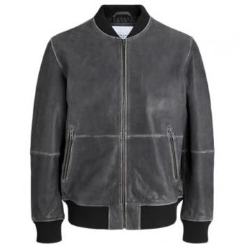Jack & Jones Charge Black Leather Bomber Jacket (M)