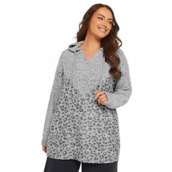 Yours Curve – Grauer Hoodie mit Leopardenmuster und Nieten