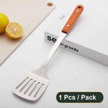 Silver Stainless Steel Cooking Scoop with Long Wooden Handle