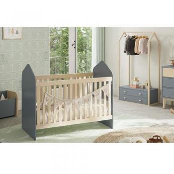 Pack Lit Bébé Cabane 60x120cm + Penderie Gris et Naturel - Kaina
