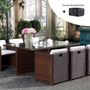 Conjunto Exterior Miami 6 Personas, Color Marrón y Blanco + Funda de Protección