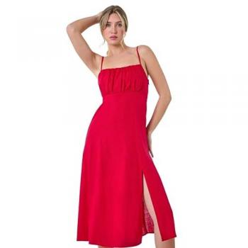 Ruched Linen Blend Midi Dress - Red - Size 12 UK