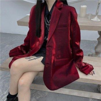 Vintage Loose Fit Wine Red Blazer for Women - Spring Autumn Office Chic Coat