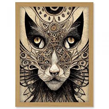 Abstract Cat Face Close Up With Tribal Patterns Textured Mask Artwork Framed Wall Art Print A4