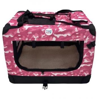 HugglePets Fabric Crate Pet Carrier - Large 70cm, Foldable with Fleece Mat, Pink Camo