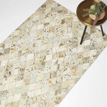 Geometric Diamond Leather Rug in Gold & Grey - 90 x 150 cm