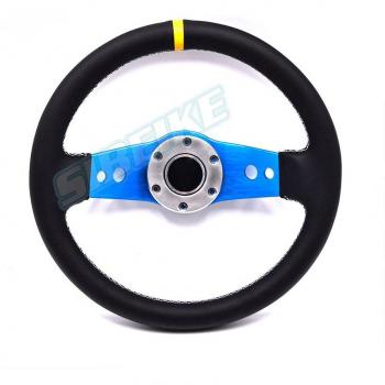 Volant universel 330mm cuir bleu avec rayons en aluminium et cornes