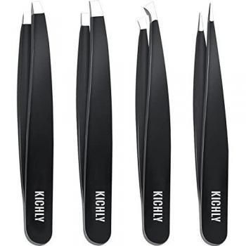 KICHLY Pince à épiler professionnelle en acier inoxydable pour les sourcils - Jeu de 4 pinces à épiler de précision pour l'élimination des poils incarnés, des poils du visage, des points noirs (blanc)
