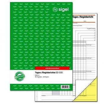 Sigel SD030, Tages-/Regiebericht, 1. und 2. Blatt bedruckt, selbstdurchschreibend, A4 hoch, 2x 40 Blatt