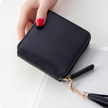 Kawaii Cute Women’s Short Wallet Square Zipper Tassel Coin Purse PU Leather Black Pink Wine Red