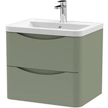 Nuie Lunar 2 Drawer Wall Hung Vanity Unit and Ceramic Basin with 1 Tap Hole Satin Green